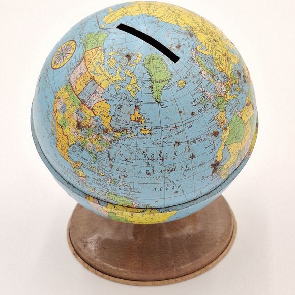VTG Ohio Art Tin Metal Litho Earth Globe World Coin Piggy Savings Bank W/Stopper - Picture 7 of 10